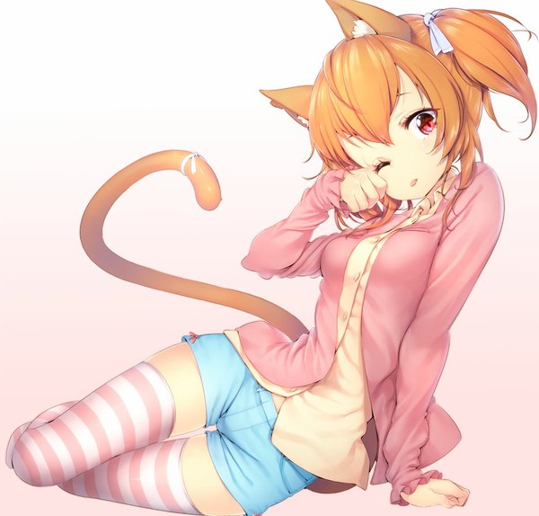 Anime picture 1050x1005 with original zizi (zz22) single looking at viewer short hair red eyes twintails animal ears tail animal tail one eye closed wink cat ears orange hair cat girl cat tail zettai ryouiki short twintails :p girl