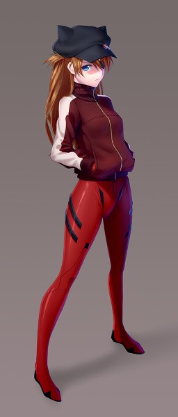 Anime picture 512x1200 with neon genesis evangelion gainax soryu asuka langley kai (link2262) single long hair tall image looking at viewer blush blue eyes simple background standing animal ears full body cat ears orange hair grey background shadow hands in pockets girl