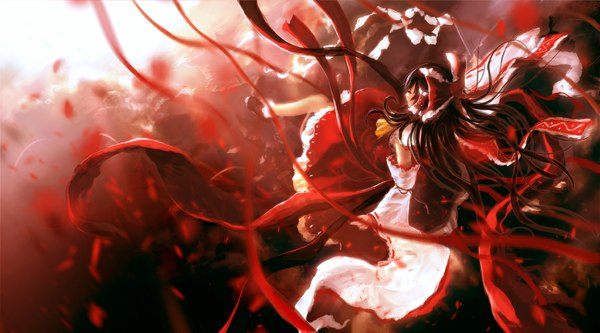 Anime picture 1150x639 with touhou hakurei reimu iori (yakata-bako) single long hair red eyes brown hair wide image looking away traditional clothes japanese clothes depth of field light miko midair girl bow ribbon (ribbons) hair bow detached sleeves