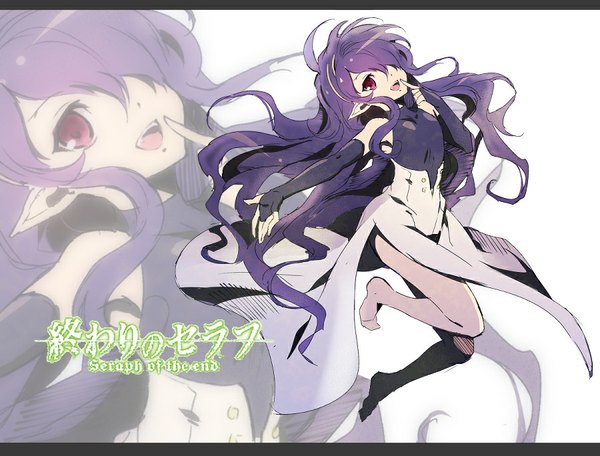 Anime picture 900x684 with owari no seraph wit studio ashuramaru tsuki usagi single fringe open mouth white background bare shoulders looking away purple hair ahoge very long hair pink eyes barefoot pointy ears hair over one eye bare legs copyright name outstretched arm