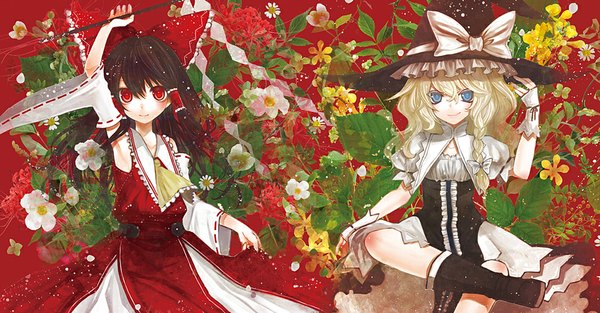 Anime picture 1000x523 with touhou hakurei reimu kirisame marisa duca long hair blush blue eyes blonde hair smile red eyes brown hair wide image sitting multiple girls armpit (armpits) single braid miko witch girl flower (flowers)