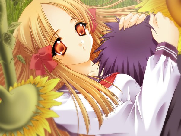 Anime picture 800x600 with yami to boushi to hon no tabibito studio deen azuma hatsumi carnelian long hair fringe breasts light erotic blonde hair purple hair lying :o orange eyes couple hug cute hand on another's head empty eyes girl boy