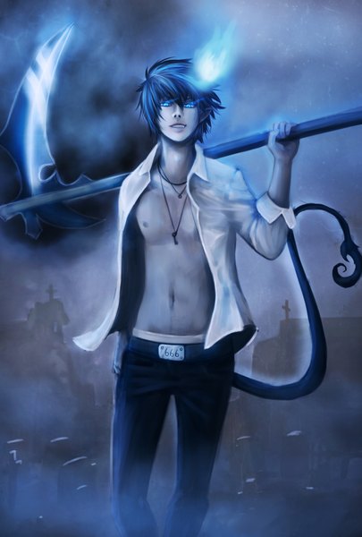 Anime picture 2373x3513 with ao no exorcist a-1 pictures okumura rin pollypwnz tall image looking at viewer highres blue eyes standing tail open clothes open shirt glowing smoke glowing eye (eyes) demon tail navel weapon shirt pendant