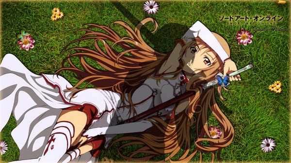 Anime picture 1920x1080 with sword art online a-1 pictures yuuki asuna long hair highres brown hair wide image brown eyes lying shadow copyright name girl thighhighs flower (flowers) weapon detached sleeves white thighhighs sword insect butterfly