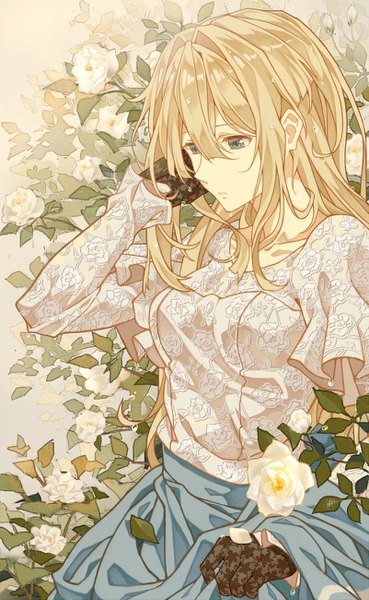 Anime picture 801x1300 with violet evergarden kyoto animation violet evergarden (character) cheese kang single long hair tall image fringe blue eyes blonde hair hair between eyes signed looking away parted lips wet adjusting hair wet clothes girl gloves flower (flowers)