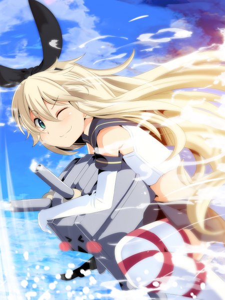 Anime picture 1200x1600 with kantai collection shimakaze destroyer rensouhou-chan meracle (artist) long hair tall image looking at viewer blush blonde hair smile green eyes one eye closed wink zettai ryouiki > < girl thighhighs skirt gloves hair ornament