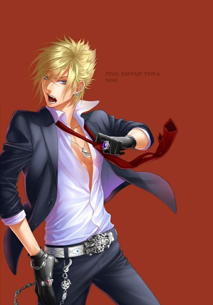 Anime picture 700x1000 with final fantasy type-0 nine (final fantasy) yoshiyuki asajima single tall image short hair open mouth blue eyes simple background blonde hair open clothes grey eyes open shirt scar twisty sleeves adjusting necktie boy gloves earrings shirt