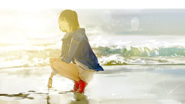 Anime picture 2560x1440 with original loundraw single looking at viewer fringe highres short hair open mouth smile brown hair wide image brown eyes signed ahoge bent knee (knees) sunlight open jacket beach lens flare squat
