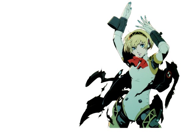 Anime picture 3500x2529 with persona 3 persona aegis single highres short hair open mouth blue eyes blonde hair white background absurdres girl bow weapon jacket headphones gun android cyborg