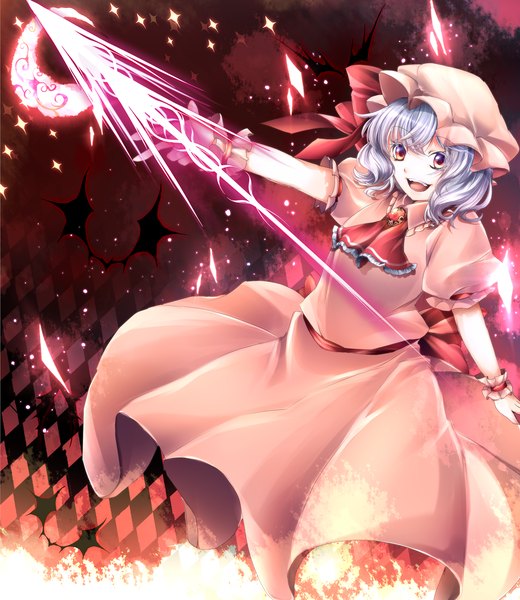 Anime picture 2600x3000 with touhou remilia scarlet lion nicole single tall image highres short hair open mouth red eyes white hair crescent girl dress bonnet spear bat spear the gungnir