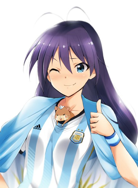 Anime picture 806x1100 with idolmaster adidas world cup 2014 fifa world cup ganaha hibiki kaiga single long hair tall image looking at viewer blush blue eyes simple background smile white background purple hair one eye closed wink alternate hairstyle flag print