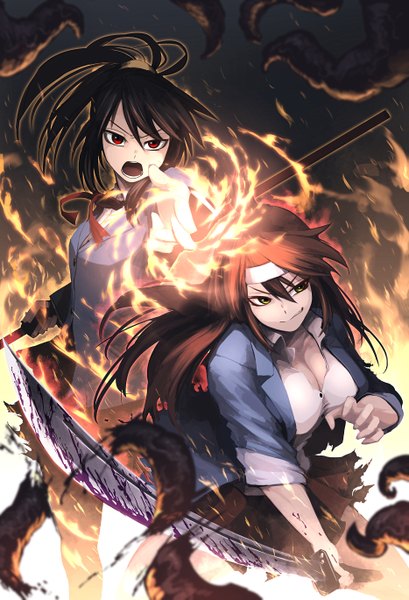 Anime picture 933x1369 with original hetza (hellshock) long hair tall image looking at viewer open mouth black hair red eyes brown hair multiple girls yellow eyes battle girl weapon 2 girls sword hairband katana fire