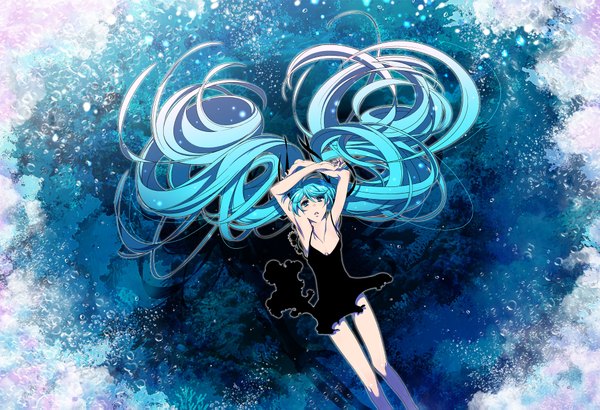 Anime picture 2000x1367 with vocaloid shinkai shoujo (vocaloid) hatsune miku dalc rose single highres twintails very long hair aqua eyes aqua hair underwater girl dress ribbon (ribbons)