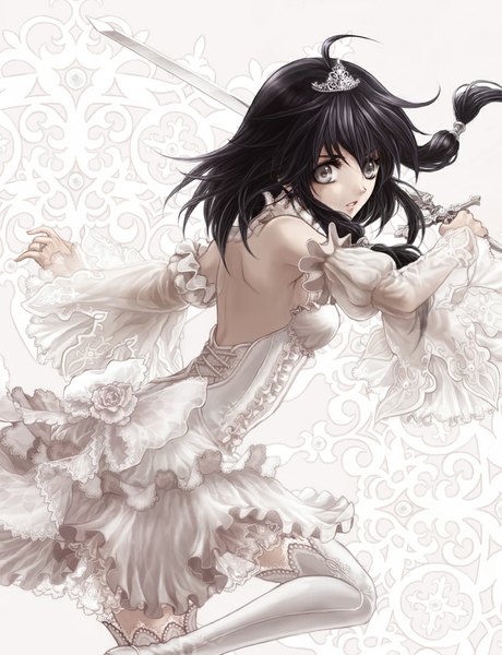 Anime picture 818x1066 with original souya touki single long hair tall image looking at viewer fringe open mouth black hair standing twintails bare shoulders bent knee (knees) looking back grey eyes spread arms lacing cropped girl dress