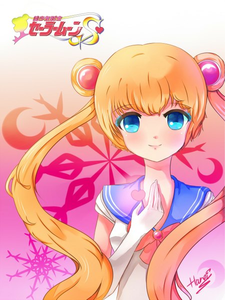 Anime picture 1000x1333 with bishoujo senshi sailor moon toei animation tsukino usagi sailor moon haneiy (artist) single long hair tall image looking at viewer blush blue eyes blonde hair twintails light smile orange hair crescent girl gloves bow elbow gloves
