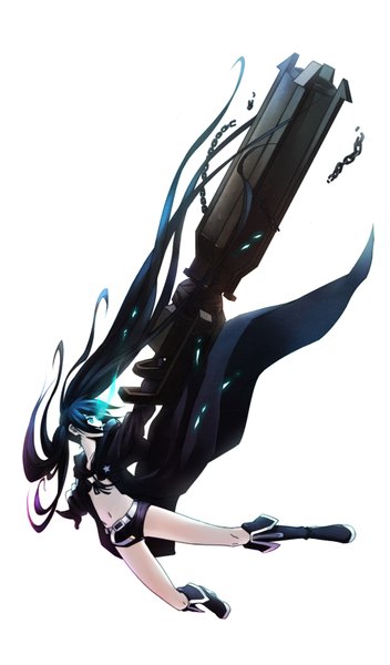 Anime picture 1014x1726 with black rock shooter black rock shooter (character) pen (steelleets) single tall image fringe black hair simple background white background twintails very long hair looking back aqua eyes glowing glowing eye (eyes) falling girl navel weapon shorts