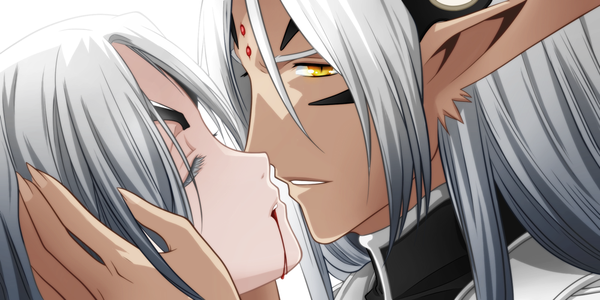 Anime picture 1000x500 with chrono crusade gonzo aion (chrono) lylith hao-hime long hair wide image white background yellow eyes eyes closed pointy ears grey hair coloring close-up almost kiss girl boy blood