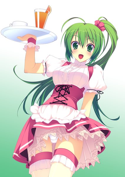 Anime picture 1447x2046 with original murakami suigun single long hair tall image open mouth light erotic green eyes ahoge green hair maid pantyshot side ponytail waitress girl thighhighs white thighhighs tray