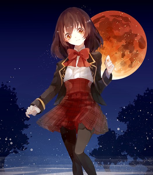 Anime picture 1200x1370 with meiji tokyo renka ayazuki mei lemon honey1013 single tall image blush short hair brown hair brown eyes night looking down red moon girl uniform plant (plants) school uniform pantyhose tree (trees) moon full moon