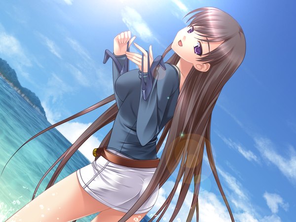 Anime picture 1200x900 with reunion 3 (game) single looking at viewer fringe open mouth black hair smile standing purple eyes holding game cg sky cloud (clouds) very long hair :d dutch angle shoes removed girl skirt miniskirt