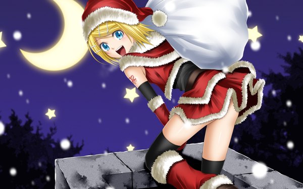 Anime picture 1920x1200 with vocaloid kagamine rin kuromayu highres short hair open mouth blue eyes blonde hair wide image fur trim christmas crescent merry christmas girl thighhighs gloves hair ornament black thighhighs elbow gloves hairclip