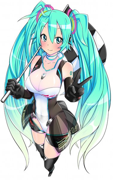 Anime picture 1200x1905 with vocaloid hatsune miku nikupizzau single long hair tall image blush light erotic simple background smile white background twintails bare shoulders aqua eyes aqua hair girl gloves elbow gloves