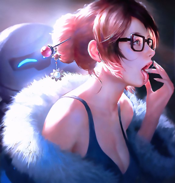 イラスト 2715x2839 と オーバーウォッチ blizzard entertainment mei (overwatch) snowball (overwatch) 忌廉c physicaligraphy 長身像 highres 開いた口 茶色の髪 looking away cleavage プロフィール fingernails realistic hair bun (hair buns) fur trim saliva long fingernails licking