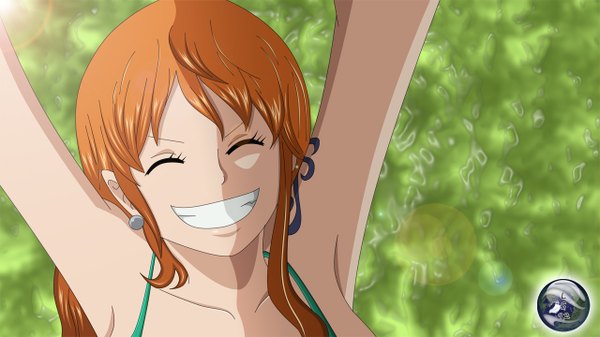 Anime picture 1280x720 with one piece toei animation nami (one piece) luffy-san92 single long hair smile wide image eyes closed orange hair armpit (armpits) tattoo coloring light girl earrings