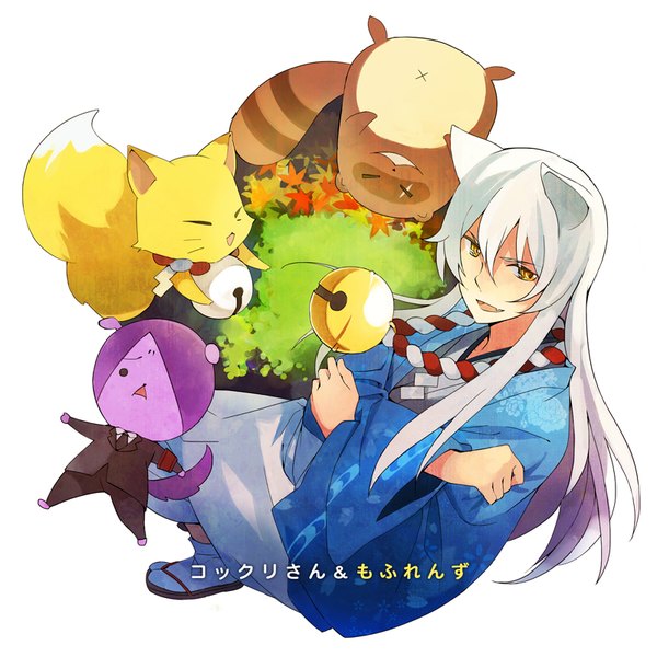 Anime picture 800x800 with gugure! kokkuri-san kokkuri-san (gugukoku) inugami (gugukoku) shigaraki (gugukoku) takerusilt long hair fringe open mouth simple background hair between eyes white background animal ears yellow eyes white hair traditional clothes japanese clothes from above fox ears dual persona boy