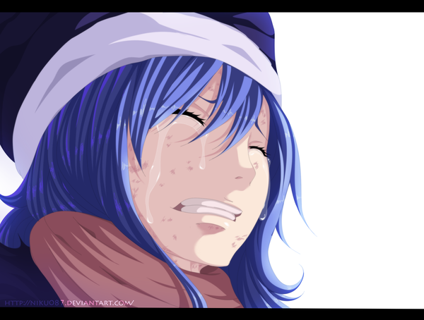 Anime picture 2744x2080 with fairy tail juvia lockser niku087 single long hair highres simple background white background blue hair eyes closed tears coloring crying girl scarf cap