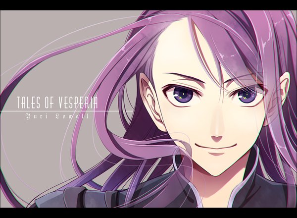 Anime picture 800x587 with tales of (series) tales of vesperia yuri lowell chocoyou single long hair looking at viewer simple background purple eyes purple hair grey background copyright name character names floating hair portrait letterboxed boy