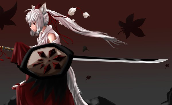 Anime picture 1800x1100 with touhou inubashiri momiji m134 single long hair highres red eyes wide image animal ears white hair girl weapon sword shield