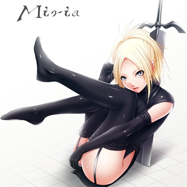 Anime picture 1000x1000 with claymore madhouse miria shokuyou mogura single short hair light erotic simple background blonde hair white background black eyes girl thighhighs gloves weapon black thighhighs sword elbow gloves