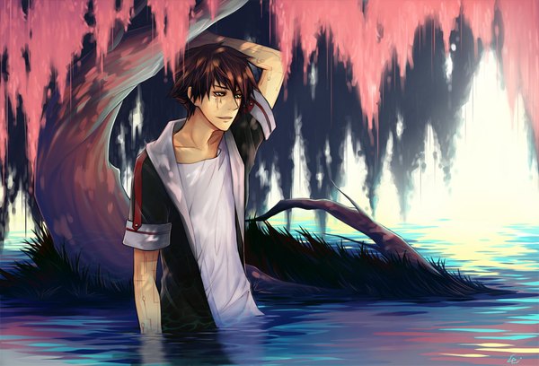 Anime picture 1024x698 with unodu single short hair brown hair yellow eyes face paint boy plant (plants) tree (trees) water grass t-shirt