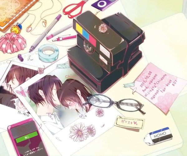 Anime picture 1069x893 with hakuouki shinsengumi kitan studio deen ipod blush short hair black hair eyes closed inscription girl boy hair ornament flower (flowers) glasses heart hairclip headphones lollipop phone camera pen