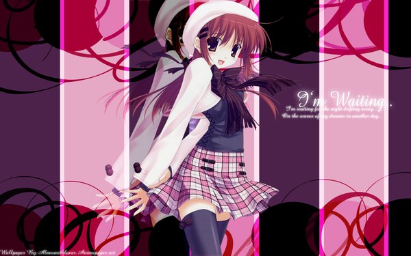 Anime picture 1920x1200 with da capo shirakawa kotori nanao naru single long hair looking at viewer highres open mouth brown hair wide image brown eyes signed :d wallpaper zettai ryouiki plaid skirt third-party edit girl thighhighs skirt