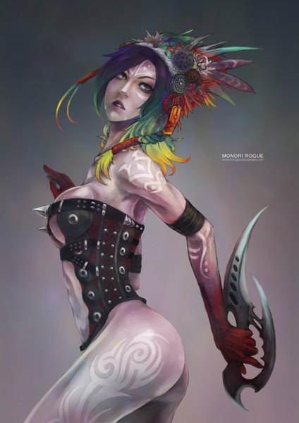 Anime picture 2480x3508 with monori rogue single long hair tall image highres breasts light erotic simple background large breasts bare shoulders holding green eyes ass profile multicolored hair lips tattoo dark background girl weapon