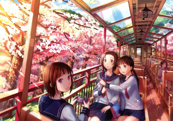 Anime picture 3065x2145 with original fuzichoco highres short hair brown hair multiple girls absurdres looking back black eyes cherry blossoms group girl plant (plants) tree (trees) serafuku 3 girls sailor suit camera