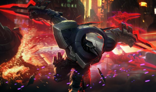 Anime picture 1215x717 with league of legends zed (league of legends) tagme (artist) single wide image official art wallpaper fighting stance boy weapon suit helmet cyborg