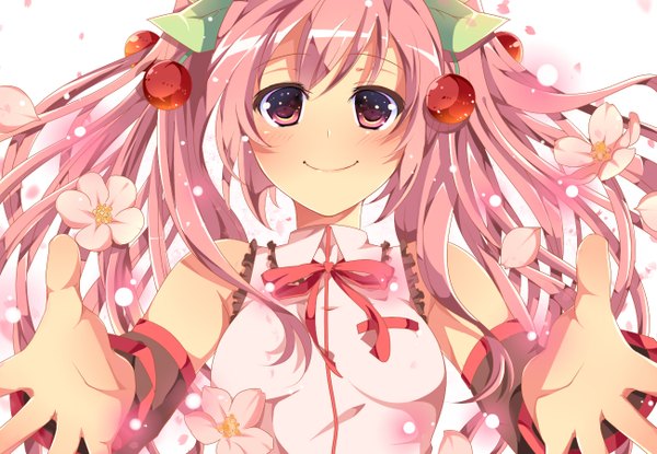 Anime picture 1300x900 with vocaloid hatsune miku sakura miku enje (pixiv3289887) single long hair blush simple background smile red eyes white background twintails pink hair girl flower (flowers) detached sleeves food berry (berries) cherry