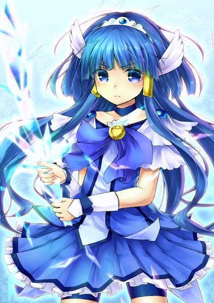 Anime picture 723x1023 with precure smile precure! toei animation aoki reika cure beauty ruki (rokiru) single long hair tall image looking at viewer blush blue eyes blue hair serious girl dress bow weapon sword choker