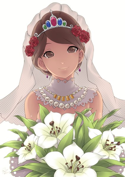 Anime picture 1749x2481 with original yin-ting tian single tall image looking at viewer highres short hair brown hair white background brown eyes girl dress flower (flowers) earrings beads wedding dress wedding veil