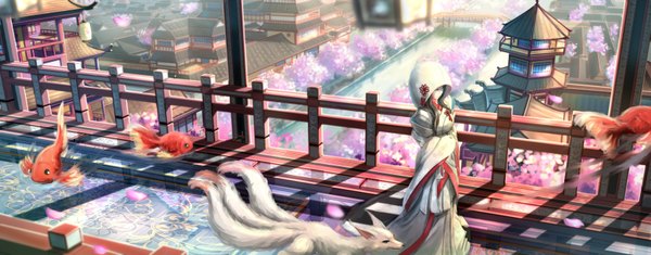 Anime picture 3331x1308 with original kikivi single long hair highres wide image traditional clothes japanese clothes from above aqua hair wide sleeves cherry blossoms walking girl plant (plants) animal petals tree (trees) hood fish (fishes)