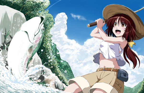 Anime picture 1206x782 with original nori tamago long hair open mouth brown hair brown eyes sky cloud (clouds) river girl hat animal shorts fish (fishes) straw hat