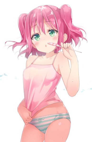 Anime picture 645x1000 with love live! sunshine!! sunrise (studio) love live! kurosawa ruby micopp single tall image looking at viewer blush fringe short hair breasts light erotic simple background hair between eyes white background holding green eyes payot pink hair