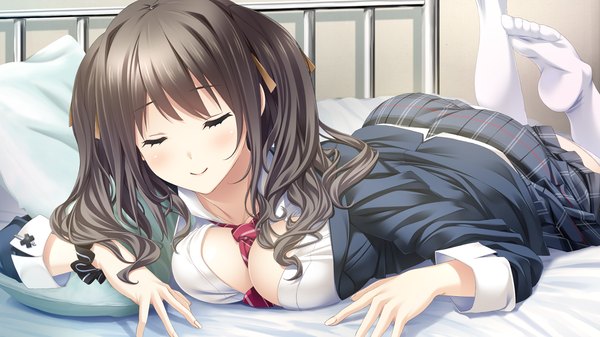 Anime picture 1280x720 with kiss ato aikawa arisa mikoto akemi single long hair looking at viewer blush fringe breasts light erotic black hair smile wide image game cg lying eyes closed fingernails open clothes open shirt on stomach