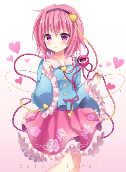 Anime picture 958x1302 with touhou komeiji satori mayo (miyusa) single tall image blush short hair simple background looking away pink hair pink eyes wide sleeves :o character names gradient background floral print girl skirt heart blouse