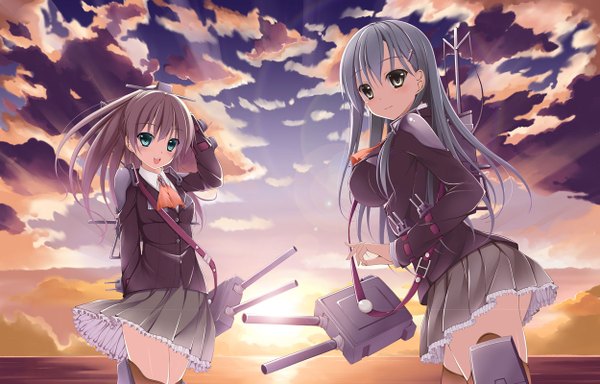 Anime picture 1249x800 with kantai collection suzuya heavy cruiser kumano heavy cruiser tomosuke long hair looking at viewer blush open mouth blue eyes brown hair multiple girls sky silver hair cloud (clouds) black eyes evening sunset horizon girl skirt