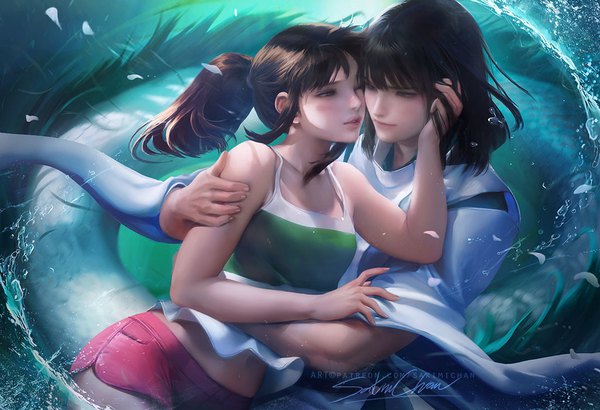 Anime picture 1024x701 with spirited away studio ghibli haku (spirited away) ogino chihiro sakimichan long hair blush fringe short hair black hair brown hair bare shoulders signed payot ponytail parted lips one eye closed realistic inscription grey eyes