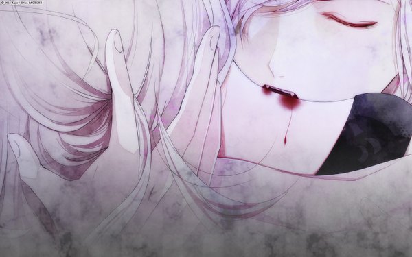 Anime picture 1440x900 with diabolik lovers idea factory sakamaki subaru komori yui long hair wide image pink hair purple hair eyes closed from behind teeth fang (fangs) couple hug vampire girl boy blood